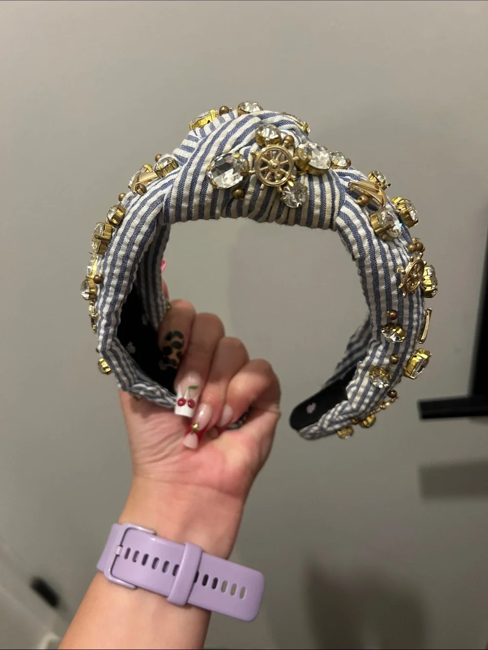 Lele Sadoughi Blue and White Striped Jeweled Headband